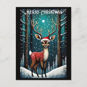Carte Postale Forêt neige mignonne Bébé Cerf Père Noël Cadeau de