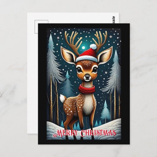 Carte Postale Forêt neigeuse mignonne Père Noël Baby Deer Noël (Devant / Derrière)