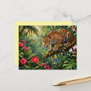 Carte Postale Forêt tropicale Jaguar Colibris Papillons Fleurs