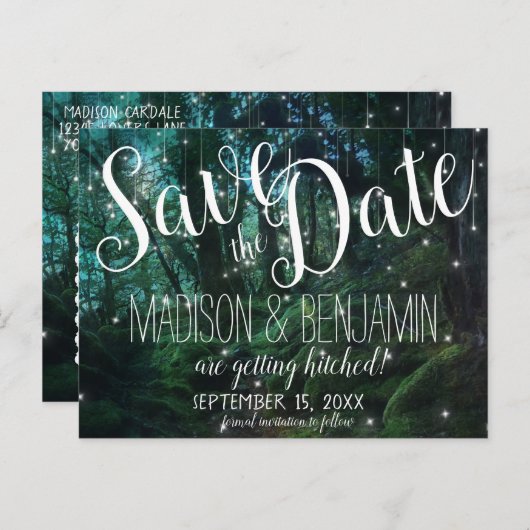 Carte Postale Forêts enchantées Lumières des fées Sauvez la date (Devant / Derrière)