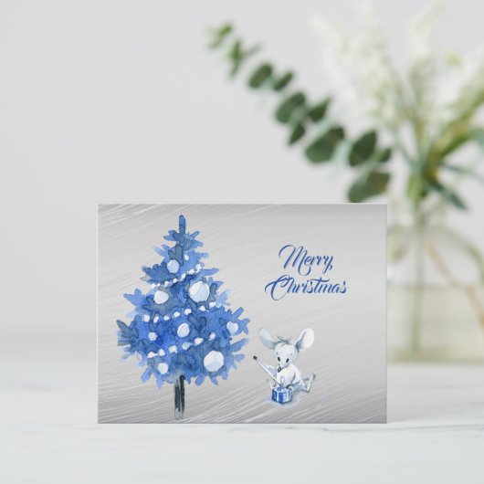 Carte Postale Forfait Souris Rustique Arbre Bleu Noël (Debout devant)