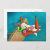 Carte Postale Fox amical et poulet mangeant des butées toriques (Devant / Derrière)