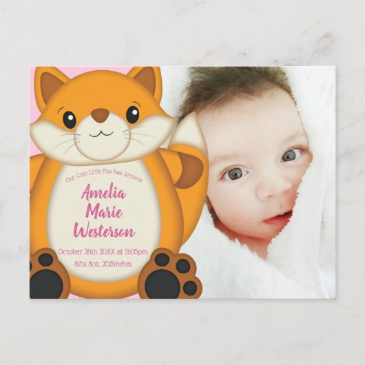 Carte Postale Fox Baby shower rose (Devant)