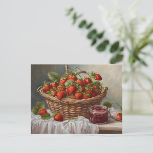 Carte Postale Fraise dans un panier et confiture de fraises (Debout devant)