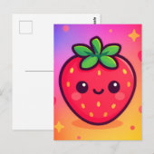 Carte Postale Fraise Kawaii souriante sur Pastel Gradient Backg (Devant / Derrière)