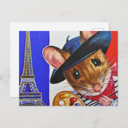 Carte Postale France Artiste Souris Tour Eiffel Aquarelle Art (Devant / Derrière)