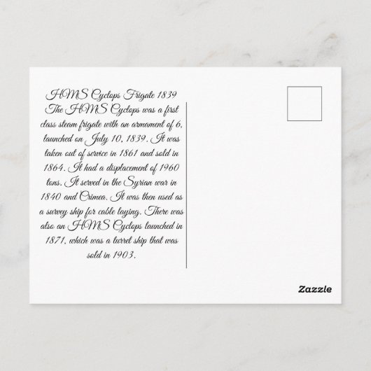 Carte Postale Frégate Cyclope HMS 1839 (Dos)