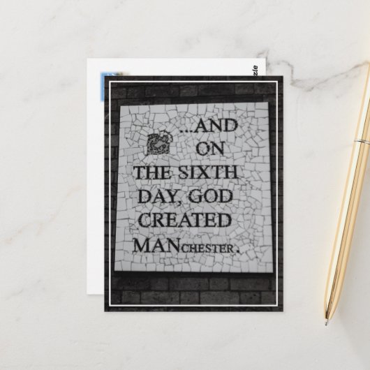 Carte Postale Fresque originale "Le Sixième Jour" Manchester (Devant/Arrière en situation)