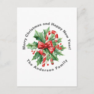 Carte Postale Friandise de Noël Bonbon à la Canne Houx Texte per