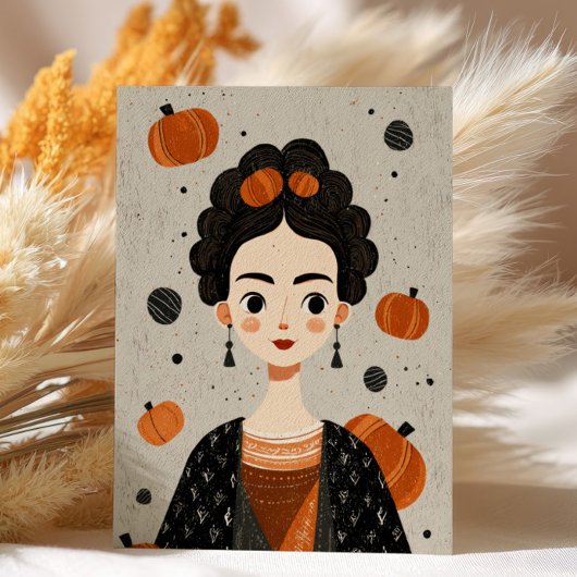 Carte Postale Frida Kahlo avec Halloween Éffrayant Citrouille