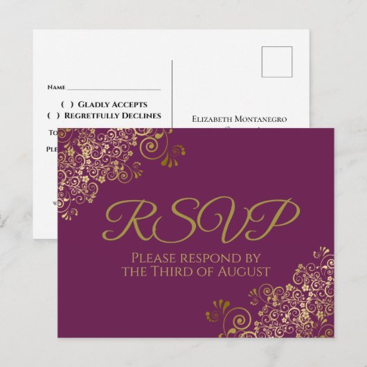 Carte Postale Frills d'or chic sur Cassis Mariage violet RSVP (Devant / Derrière)
