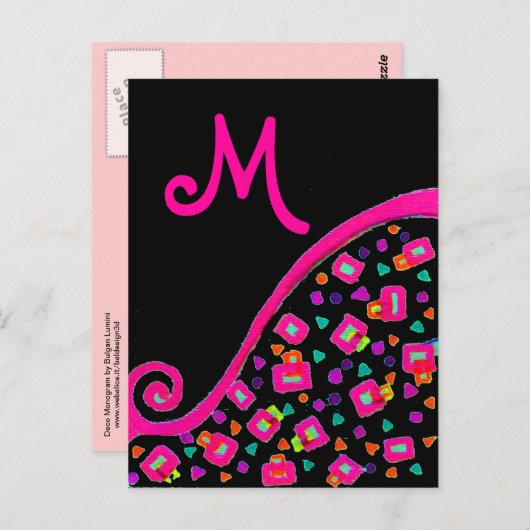 CARTE POSTALE FUCHSIE ROSE NOIR DÉCO MONOGRAM ABSTRAIT (Devant / Derrière)