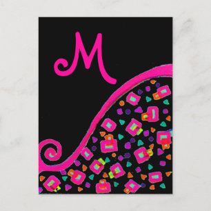 CARTE POSTALE FUCHSIE ROSE NOIR DÉCO MONOGRAM ABSTRAIT