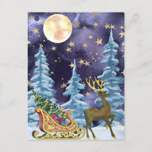 Carte Postale Full Moon over Reindeer With Sleigh