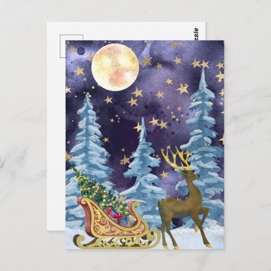 Carte Postale Full Moon over Reindeer With Sleigh (Devant / Derrière)