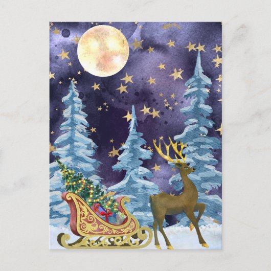 Carte Postale Full Moon over Reindeer With Sleigh (Devant)