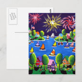 Carte Postale Fun Fireworks 4 juillet Folk Art (Devant / Derrière)