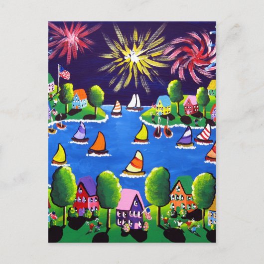 Carte Postale Fun Fireworks 4 juillet Folk Art (Devant)