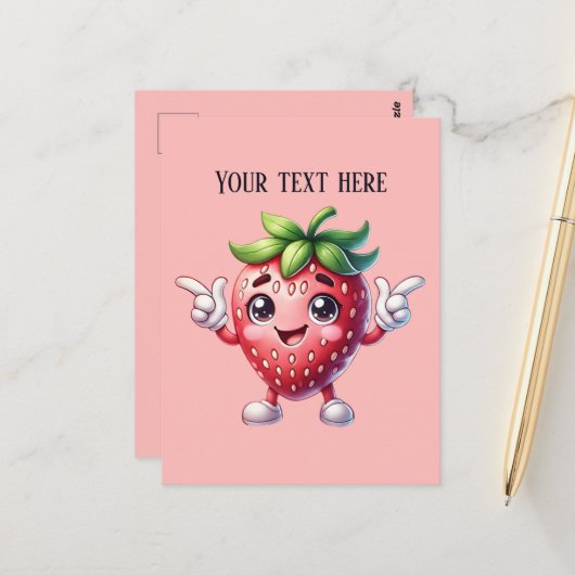 Carte Postale Fun fraise fruit ajouter message (Devant/Arrière en situation)