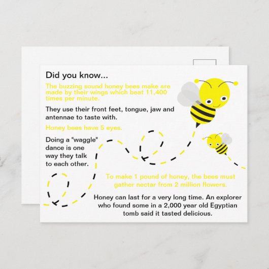 Carte Postale Fun Honey Bee Faits (Devant / Derrière)