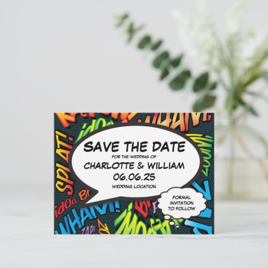 Carte Postale Fun Modern Comic Book Save the Date Mariage (Debout devant)