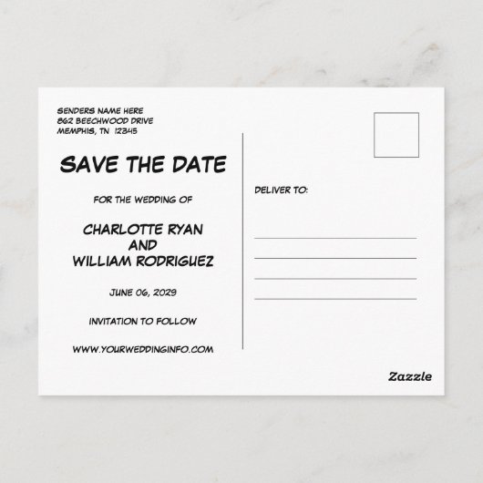 Carte Postale Fun Modern Comic Book Save the Date Mariage (Dos)
