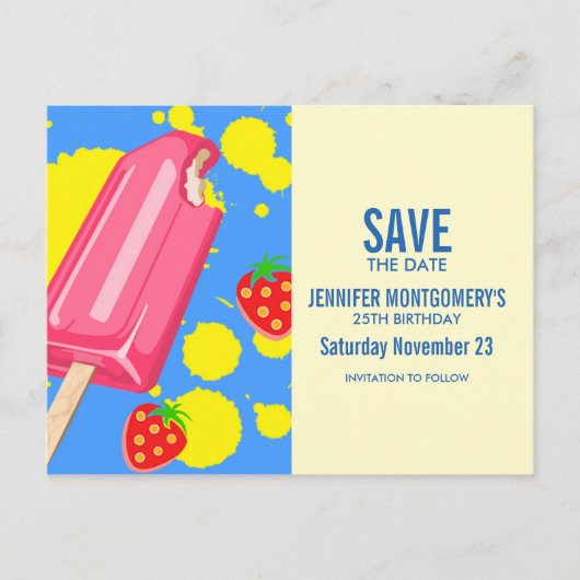 Carte Postale Fun Pink Popsicle et Fraises Save The Date (Devant)