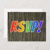 Carte Postale Fun Rainbow Letters "RSVP!" + Faux Wood Look (Devant / Derrière)