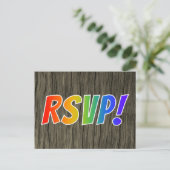 Carte Postale Fun Rainbow Letters "RSVP!" + Faux Wood Look (Debout devant)