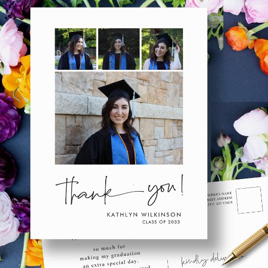 Carte Postale Fun Script Modern 4 Photo Graduation Merci