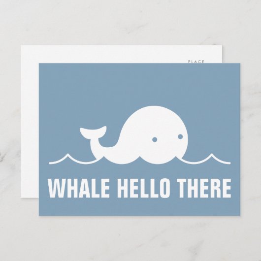 Carte Postale Fun Whale Hello There Pun White sur Blue Postcard (Devant / Derrière)