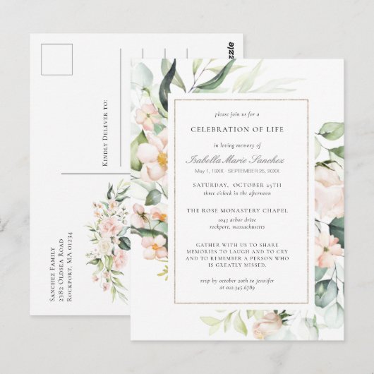 Carte postale funéraire de célébration de vie flor (Devant / Derrière)