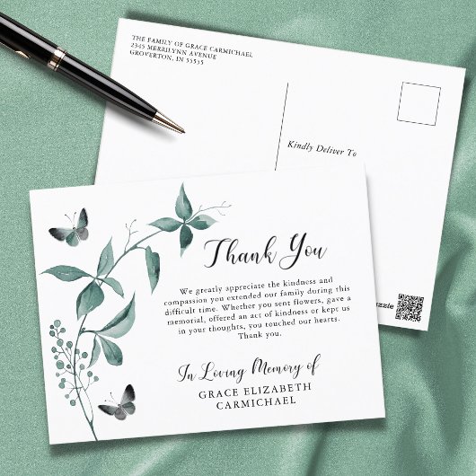 Carte Postale Funeral Thank You Butterfly Botanical Greenery