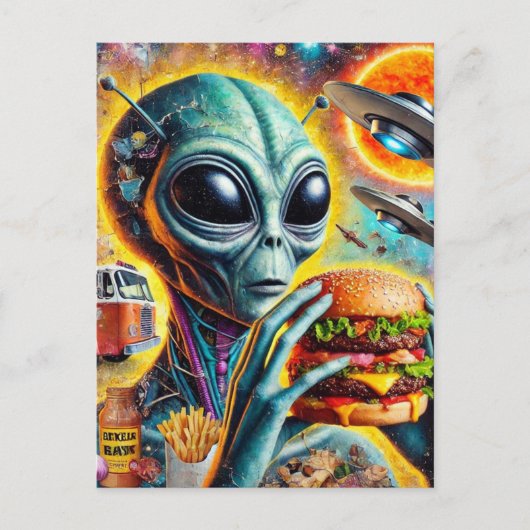 Carte Postale Funky Alien Mange Cheeseburger et Fries Collage (Devant)