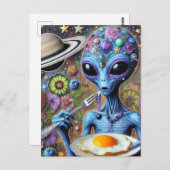 Carte Postale Funky Blue Alien Manger des oeufs frits (Devant / Derrière)