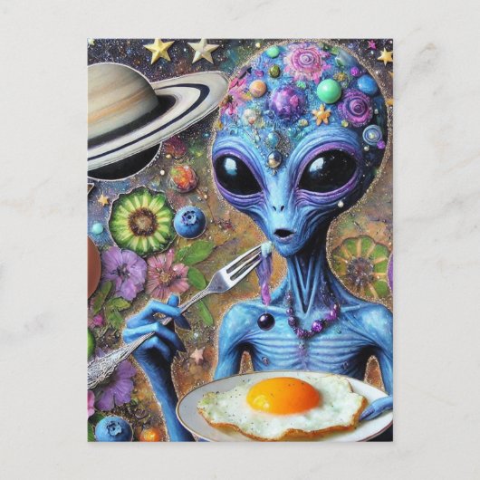 Carte Postale Funky Blue Alien Manger des oeufs frits (Devant)
