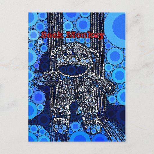 Carte Postale Funky Blue Sock Monkey Circles Bubbles Pop Art (Devant)