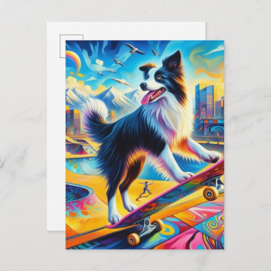 Carte Postale Funky Surreal Skateboard Bordure Collie (Devant / Derrière)