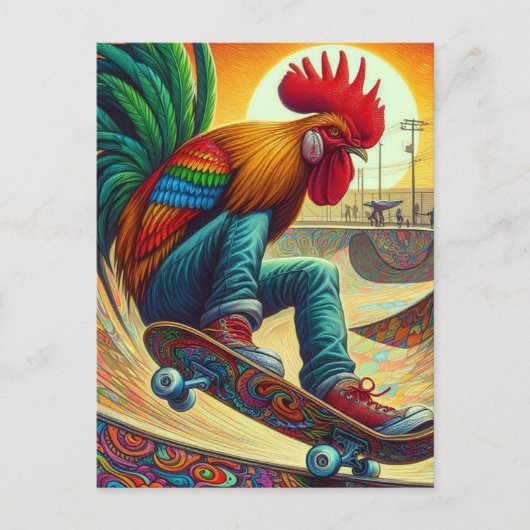 Carte Postale Funky Surreal Skateboard Rooster (Devant)