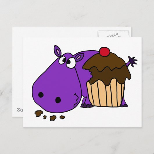 Carte Postale Funky Violet Hippo Manger Cupcake (Devant / Derrière)