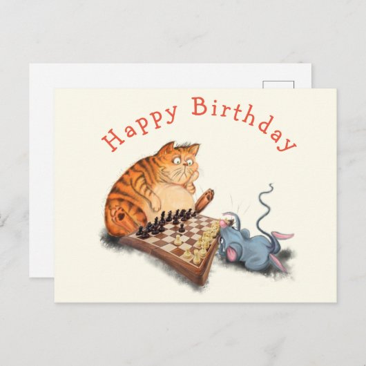 Carte Postale Funny Birthday Card Chat et souris Jouer aux échec (Devant / Derrière)