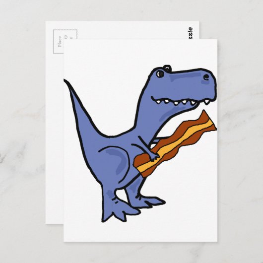 Carte Postale Funny Bleu T-rex Dinosaur manger Bacon Art (Devant / Derrière)