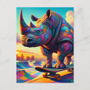 Carte Postale Funny Coloré Surreal Rhino Skateboard