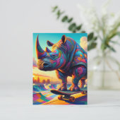 Carte Postale Funny Coloré Surreal Rhino Skateboard (Debout devant)
