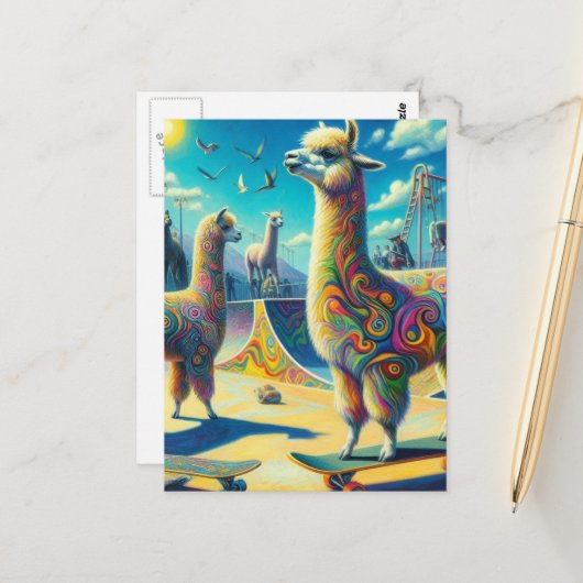 Carte Postale Funny Colorée Skateboard Alpaca (Devant/Arrière en situation)