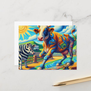 Carte Postale Funny Colorful Cow Skateboard