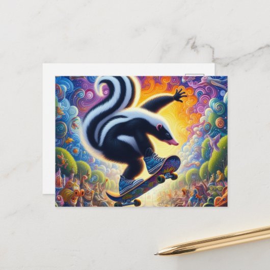 Carte Postale Funny Colorful Skunk Skateboard (Devant/Arrière en situation)