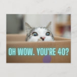 Carte Postale Funny Curious Chat 40e anniversaire<br><div class="desc">La carte postale d'anniversaire amusante présente la photo d'un chat curieux qui regarde à l'extérieur de la boîte de carton avec le texte néon qui dit "Oh wow. Vous avez 40 ans ?" Texte "happy anniversaire" personnalisable sur le dos</div>