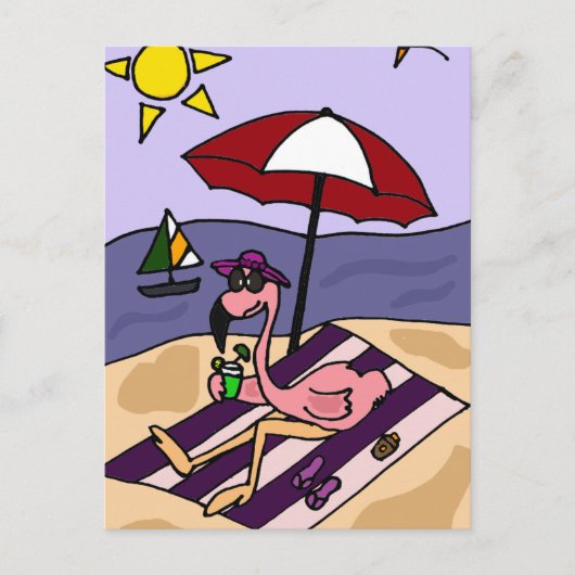 Carte Postale Funny Flamant rose rose à la plage (Devant)