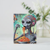 Carte Postale Funny Funky Alien Manger Spaghetti Collage (Debout devant)